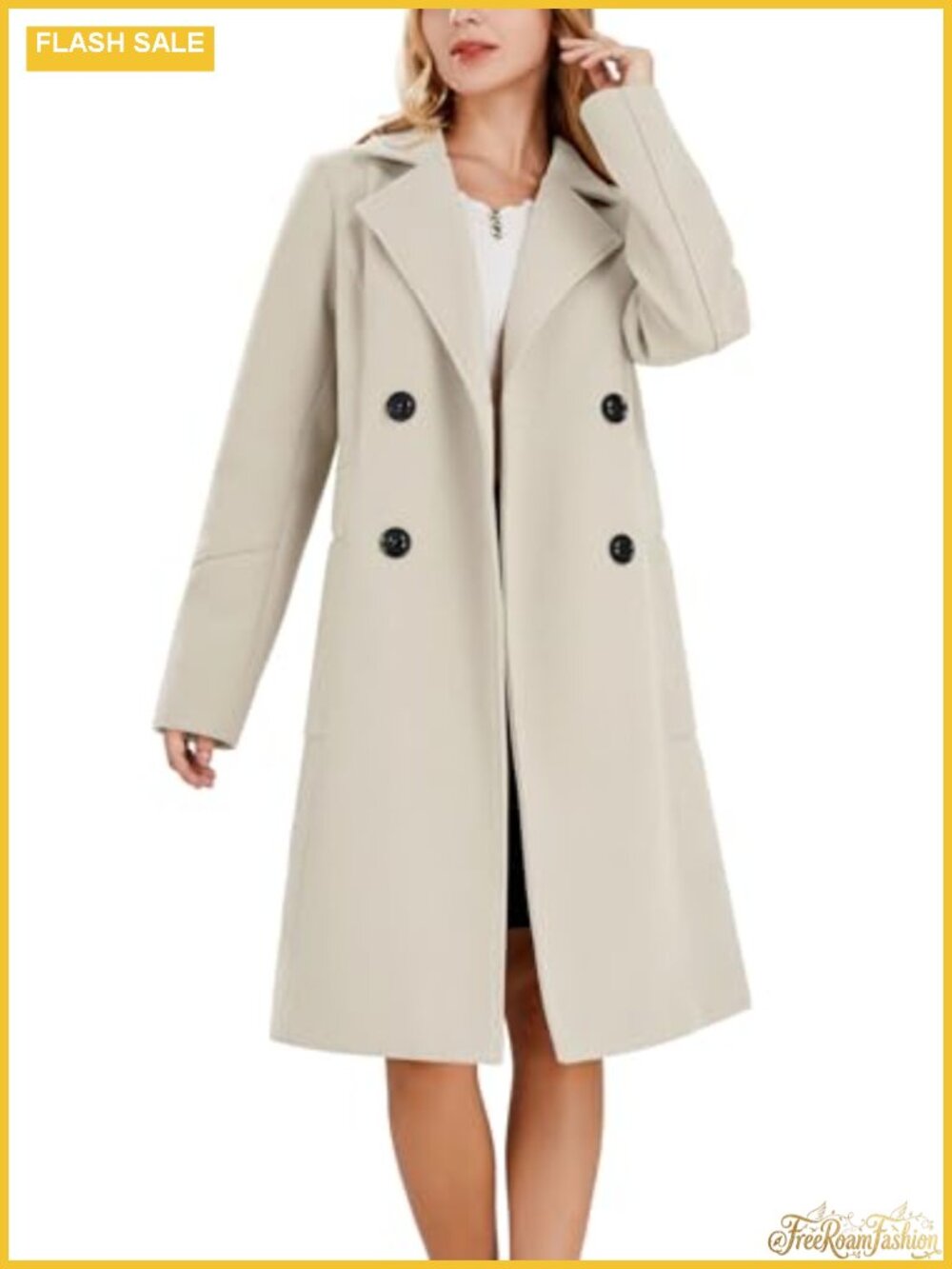 Women's Double Breasted Wool Blend Pea Coat Long Sleeve Winter